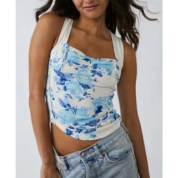 Free People Ginger Snap Top Large White and Blue - Picture 1 of 5